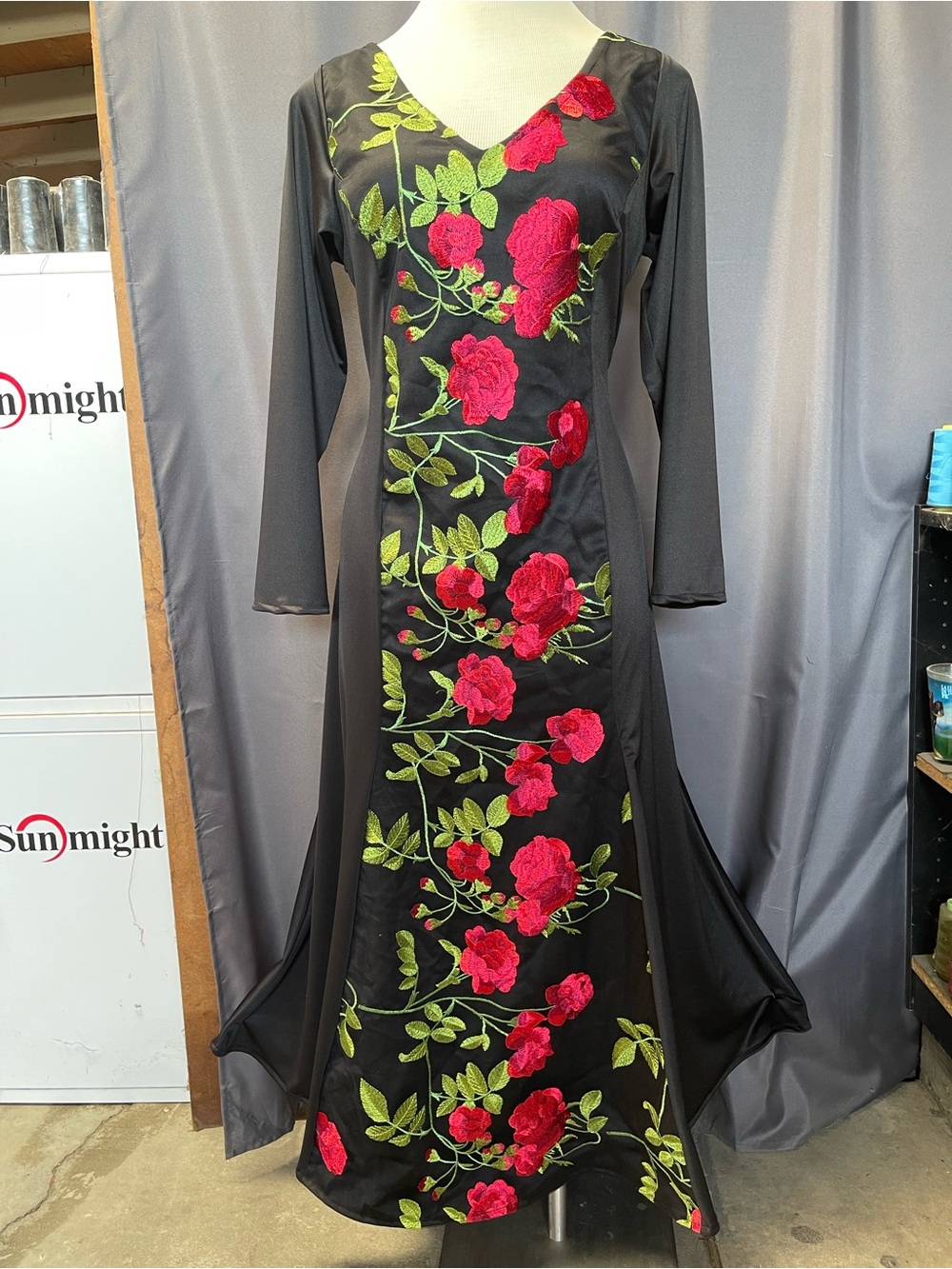 Black Maxi Dress with Red Rose Embroidery